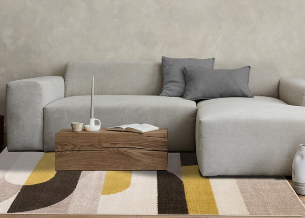 HomeRoots 5' Cream Yellow and Brown Geometric Area Rug - Modern Design, Durable, Stain-Resistant for All Rooms 5' X 8' 660329