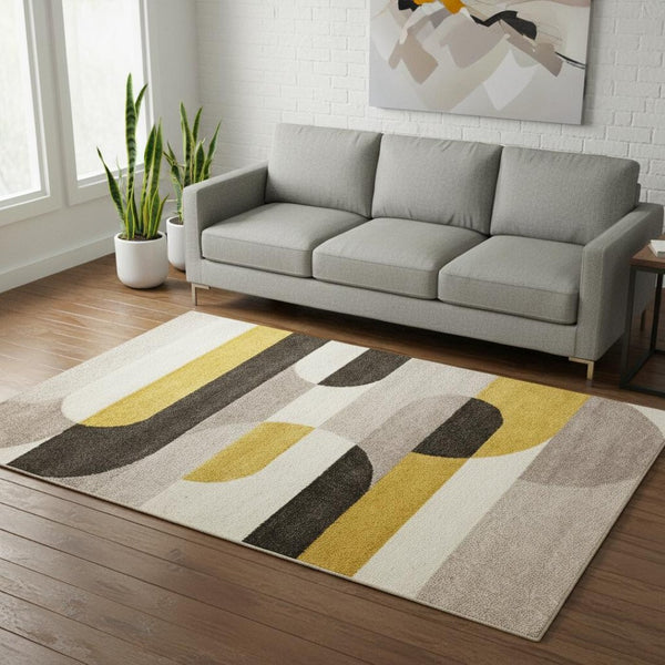 HomeRoots 5' Cream Yellow and Brown Geometric Area Rug - Modern Design, Durable, Stain-Resistant for All Rooms 5' X 8' 660329