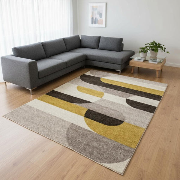 HomeRoots 5' Cream Yellow and Brown Geometric Area Rug - Modern Design, Durable, Stain-Resistant for All Rooms 8' X 11' 660330