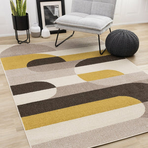 HomeRoots 5' Cream Yellow and Brown Geometric Area Rug - Modern Design, Durable, Stain-Resistant for All Rooms 8' X 11' 660330