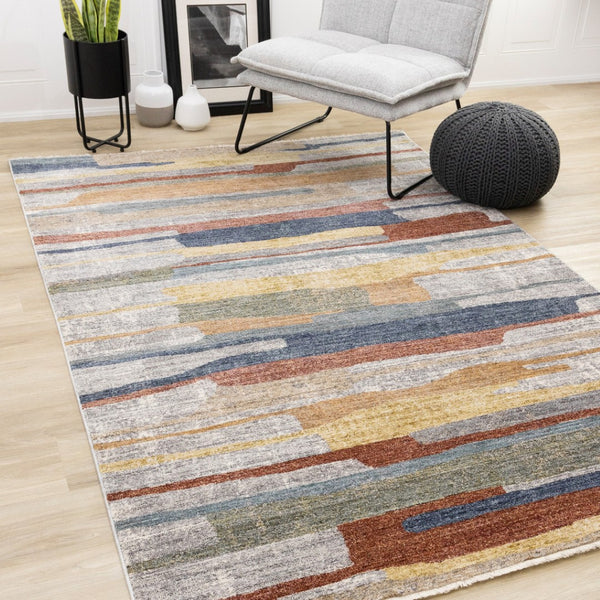 HomeRoots 5' Gray Blue and Yellow Abstract Area Rug for Modern Homes - Stain Resistant, Durable, Stylish Decor 5' X 8' 660331