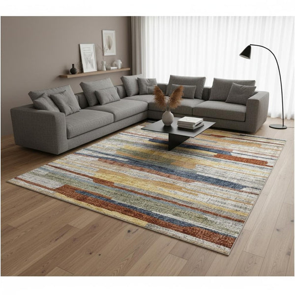 HomeRoots 5' Gray Blue and Yellow Abstract Area Rug for Modern Homes - Stain Resistant, Durable, Stylish Decor 8' X 10' 660332