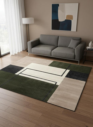 HomeRoots 5' Modern Geometric Area Rug in Green, Black, and Ivory - Stain Resistant and Easy to Clean Design 5' X 8' 660333