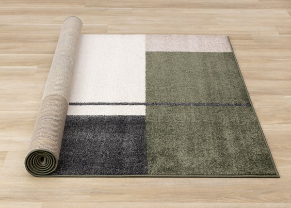 HomeRoots 5' Modern Geometric Area Rug in Green, Black, and Ivory - Stain Resistant and Easy to Clean Design 5' X 8' 660333