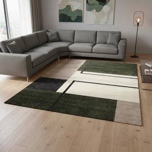 HomeRoots 5' Modern Geometric Area Rug in Green, Black, and Ivory - Stain Resistant and Easy to Clean Design 8' X 11' 660334