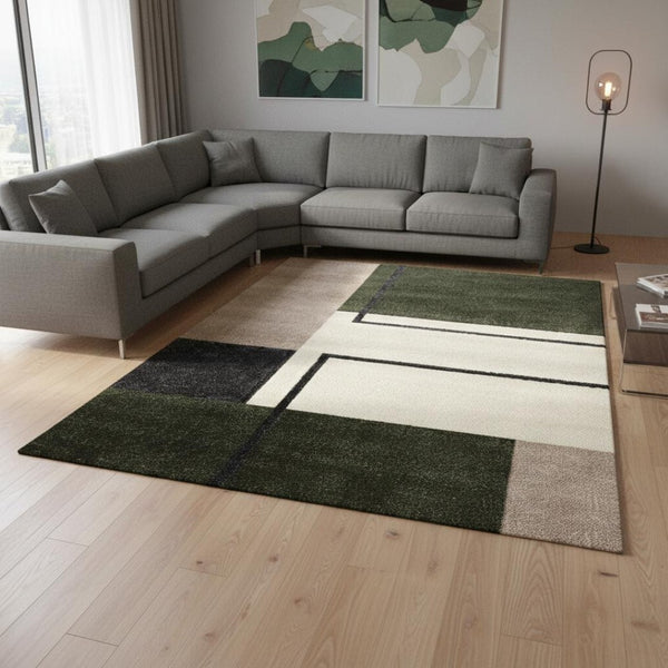 HomeRoots 5' Modern Geometric Area Rug in Green, Black, and Ivory - Stain Resistant and Easy to Clean Design 8' X 11' 660334