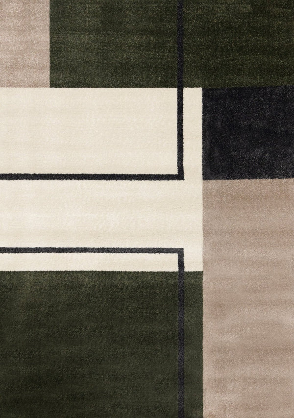 HomeRoots 5' Modern Geometric Area Rug in Green, Black, and Ivory - Stain Resistant and Easy to Clean Design 8' X 11' 660334