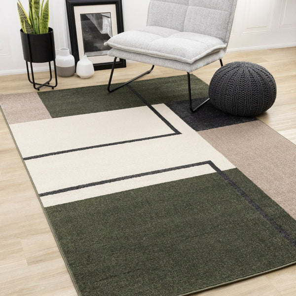 HomeRoots 5' Modern Geometric Area Rug in Green, Black, and Ivory - Stain Resistant and Easy to Clean Design 8' X 11' 660334