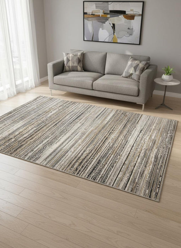 HomeRoots 5' Striped Area Rug in Gray, Black & Beige – Durable, Stain-Resistant Design for Modern Homes 5' X 8' 660335