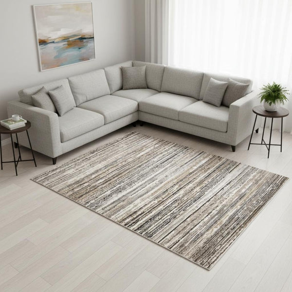 HomeRoots 5' Striped Area Rug in Gray, Black & Beige – Durable, Stain-Resistant Design for Modern Homes 8' X 11' 660336