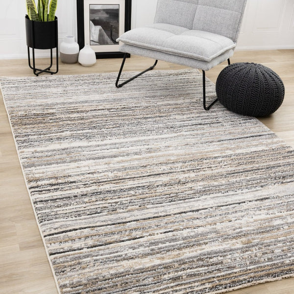 HomeRoots 5' Striped Area Rug in Gray, Black & Beige – Durable, Stain-Resistant Design for Modern Homes 8' X 11' 660336