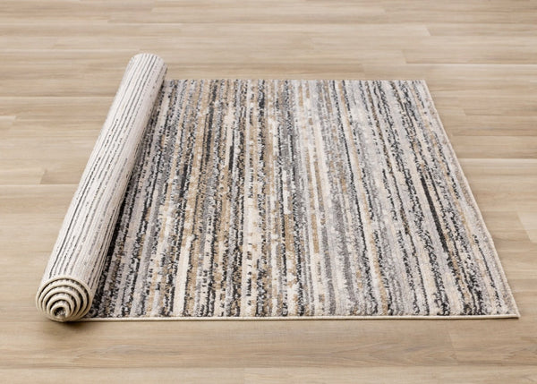 HomeRoots 5' Striped Area Rug in Gray, Black & Beige – Durable, Stain-Resistant Design for Modern Homes 8' X 11' 660336