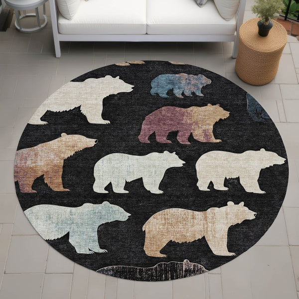 HomeRoots 8' Round Bear Area Rug - Black, Ivory & Brown - Washable, Durable for Indoor/Outdoor Spaces, Stylish! 660339