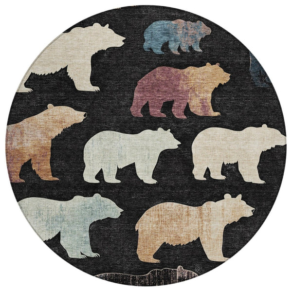 HomeRoots 8' Round Bear Area Rug - Black, Ivory & Brown - Washable, Durable for Indoor/Outdoor Spaces, Stylish! 660339