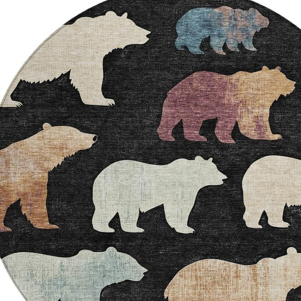 HomeRoots 8' Round Bear Area Rug - Black, Ivory & Brown - Washable, Durable for Indoor/Outdoor Spaces, Stylish! 660339