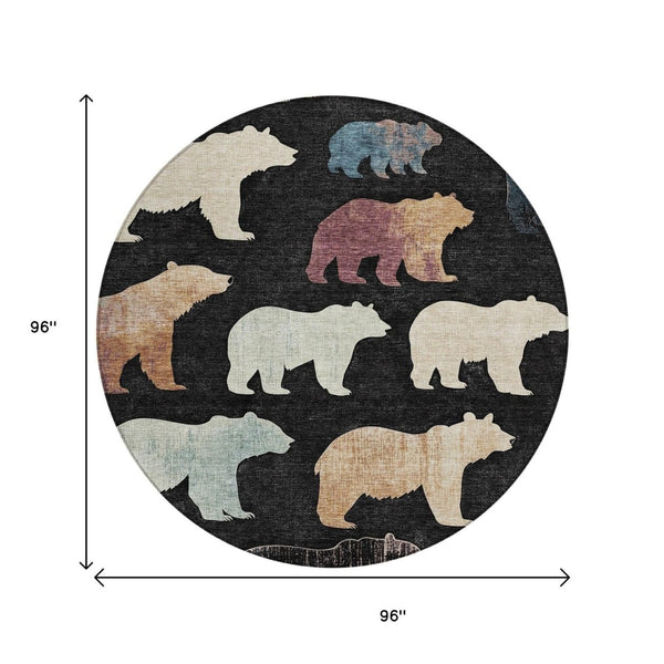 HomeRoots 8' Round Bear Area Rug - Black, Ivory & Brown - Washable, Durable for Indoor/Outdoor Spaces, Stylish! 660339