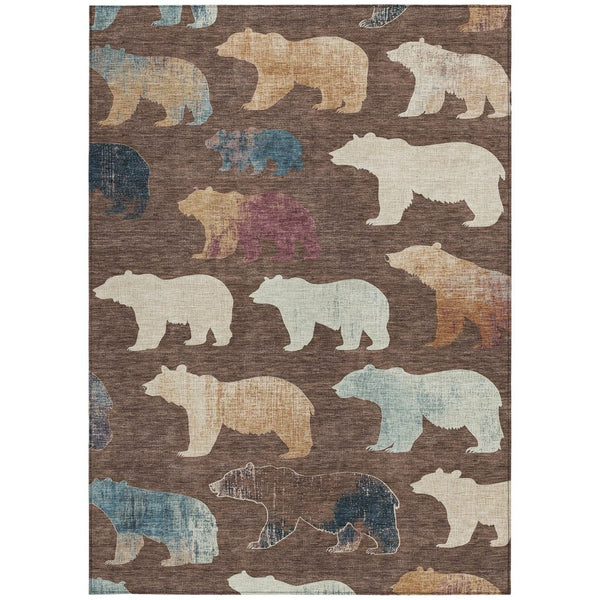 HomeRoots 5' Chocolate Ivory Blue Bear Area Rug - Washable, Durable, Stain-Resistant for Indoor/Outdoor Use 660344