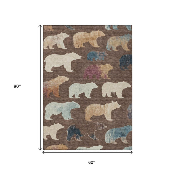 HomeRoots 5' Chocolate Ivory Blue Bear Area Rug - Washable, Durable, Stain-Resistant for Indoor/Outdoor Use 660344