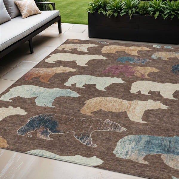 HomeRoots 5' Chocolate Ivory Blue Bear Area Rug - Washable, Durable, Stain-Resistant for Indoor/Outdoor Use 660344