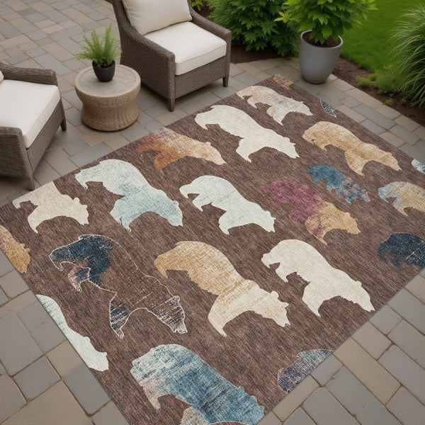 HomeRoots 5' Chocolate Ivory Blue Bear Area Rug - Washable, Durable, Stain-Resistant for Indoor/Outdoor Use 660344
