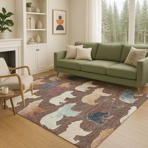 HomeRoots 5' Chocolate Ivory Blue Bear Area Rug - Washable, Durable, Stain-Resistant for Indoor/Outdoor Use 660344