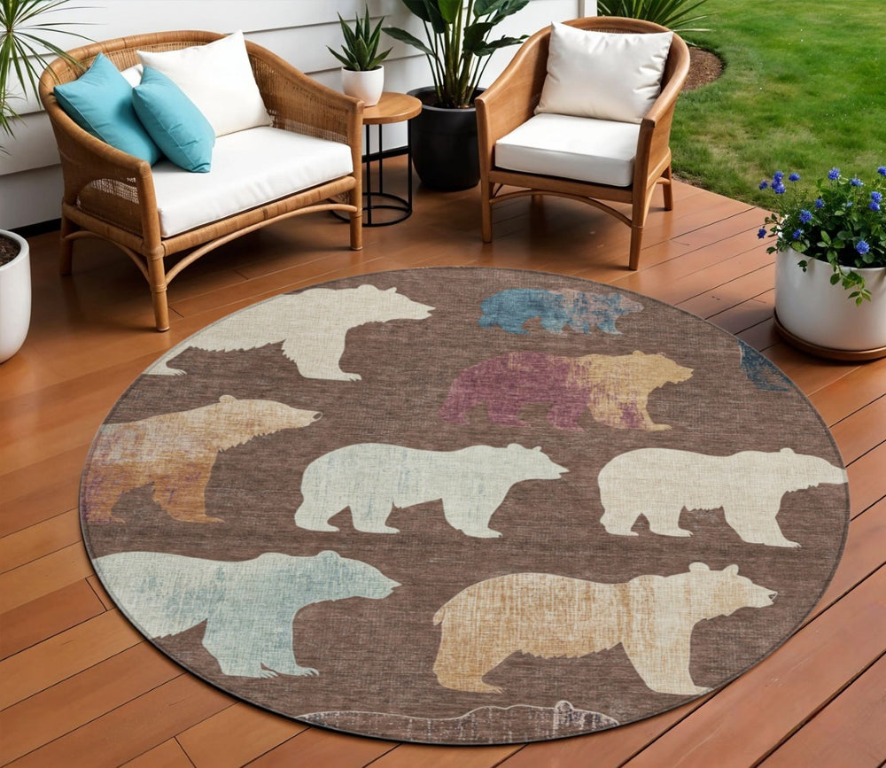 HomeRoots 8' Charming Bear Motif Round Rug - Washable, Durable Indoor/Outdoor Area Rug for Busy Homes & Patios 660345