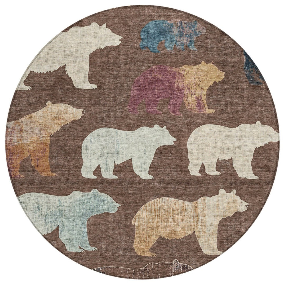 HomeRoots 8' Charming Bear Motif Round Rug - Washable, Durable Indoor/Outdoor Area Rug for Busy Homes & Patios 660345