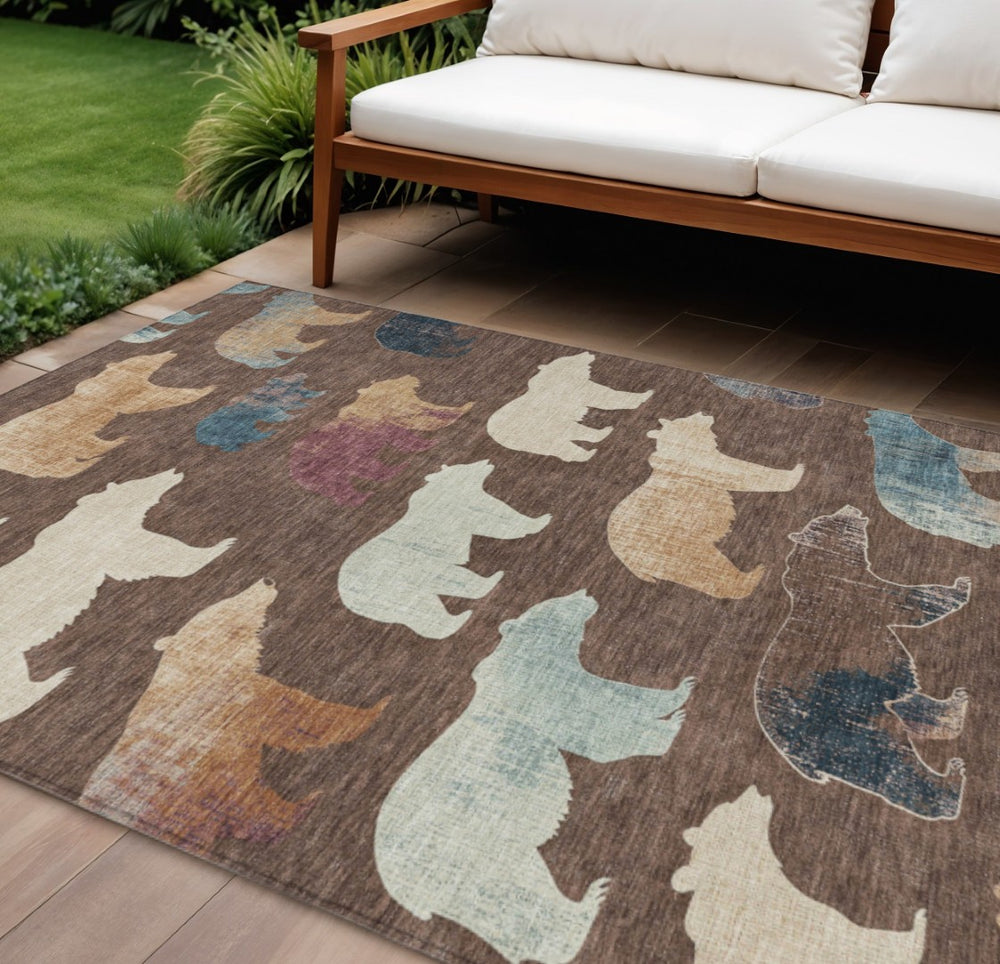 HomeRoots 8' X 10' Bear Motif Washable Area Rug in Chocolate, Ivory, and Blue - Perfect for Indoor & Outdoor Use! 660346
