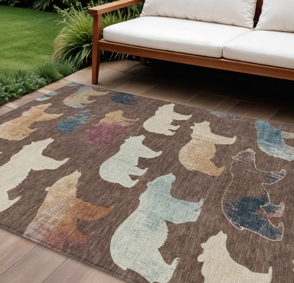 HomeRoots 8' X 10' Bear Motif Washable Area Rug in Chocolate, Ivory, and Blue - Perfect for Indoor & Outdoor Use! 660346