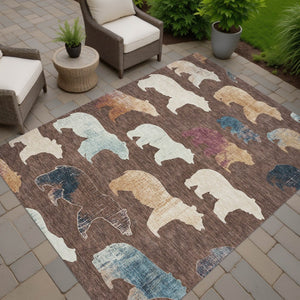 HomeRoots 8' X 10' Bear Motif Washable Area Rug in Chocolate, Ivory, and Blue - Perfect for Indoor & Outdoor Use! 660346