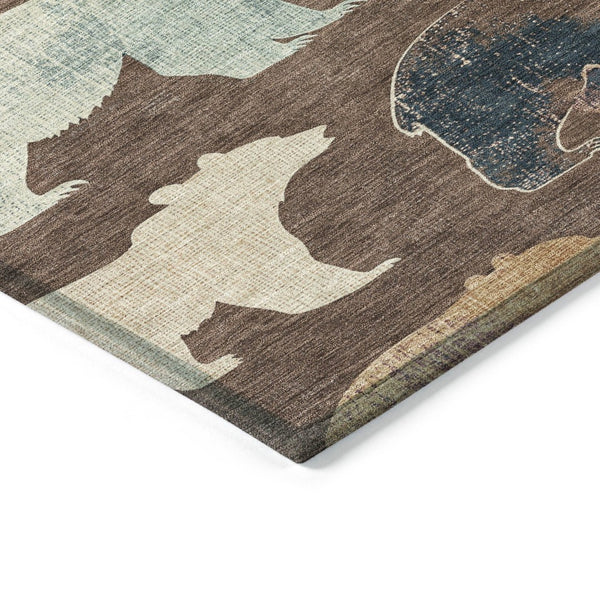 HomeRoots 8' X 10' Bear Motif Washable Area Rug in Chocolate, Ivory, and Blue - Perfect for Indoor & Outdoor Use! 660346