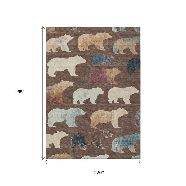 HomeRoots 10' Charming Chocolate Ivory & Blue Bear Area Rug – Washable, Durable, Perfect for Indoor/Outdoor Spaces! 660348