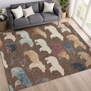 HomeRoots 10' Charming Chocolate Ivory & Blue Bear Area Rug – Washable, Durable, Perfect for Indoor/Outdoor Spaces! 660348