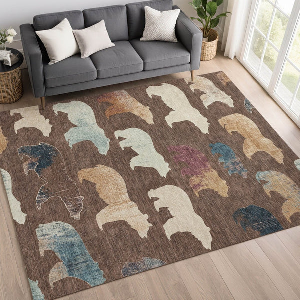 HomeRoots 10' Charming Chocolate Ivory & Blue Bear Area Rug – Washable, Durable, Perfect for Indoor/Outdoor Spaces! 660348