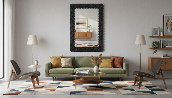 Meridian Furniture Revolve Hand-carved Oak Veneer Wall Mirror with Bold Art Deco Relief Frame for Any Room Black 32.5" W x 47.5" H 66034Black-M