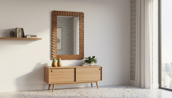 Meridian Furniture Revolve Hand-carved Oak Veneer Wall Mirror with Bold Art Deco Relief Frame for Any Room Brown 32.5" W x 47.5" H 66034Brown-M