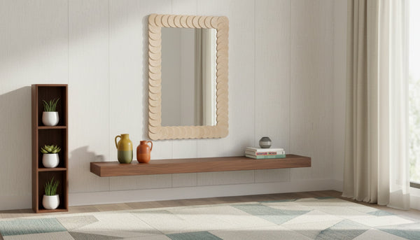 Meridian Furniture Revolve Hand-carved Oak Veneer Wall Mirror with Bold Art Deco Relief Frame for Any Room Natural 32.5" W x 47.5" H 66034Natural-M