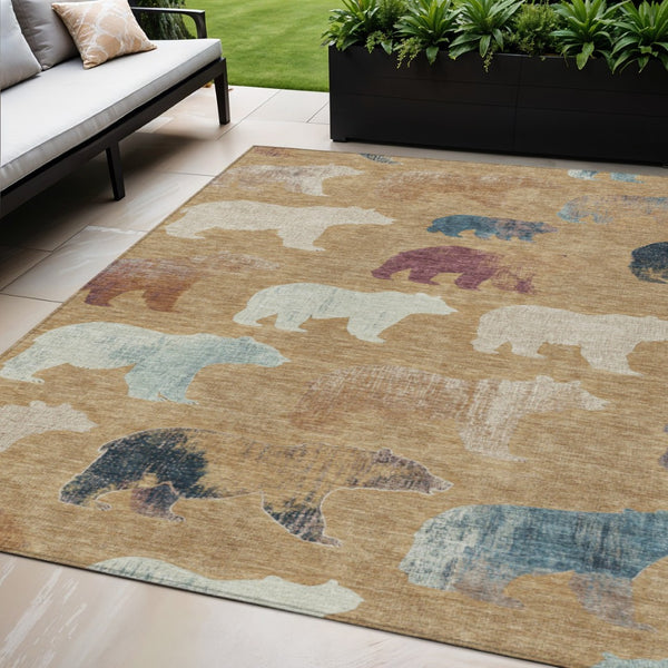 HomeRoots 5' X 8' Charming Gold Ivory and Blue Bear Indoor Outdoor Rug – Durable, Washable, Versatile Design! 660350