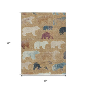 HomeRoots 5' X 8' Charming Gold Ivory and Blue Bear Indoor Outdoor Rug – Durable, Washable, Versatile Design! 660350
