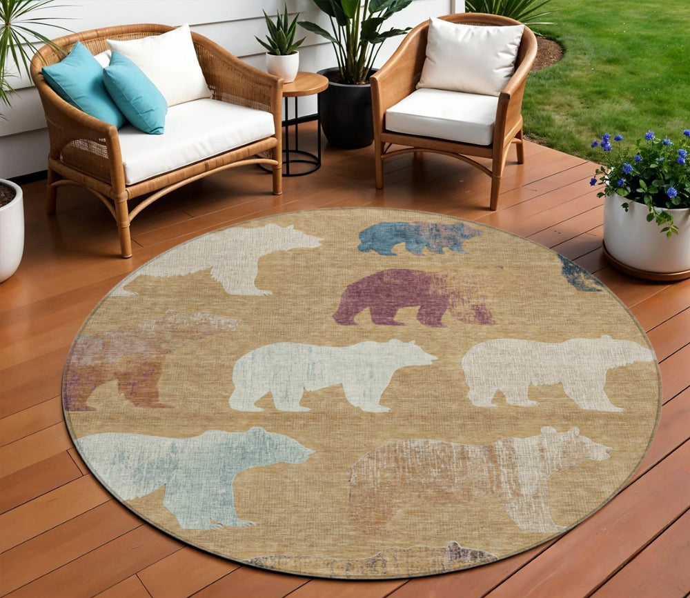 HomeRoots 8' Gold Ivory and Blue Round Bear Rug - Stylish, Washable, Indoor/Outdoor Area Rug for Family Spaces 660351