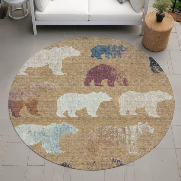 HomeRoots 8' Gold Ivory and Blue Round Bear Rug - Stylish, Washable, Indoor/Outdoor Area Rug for Family Spaces 660351