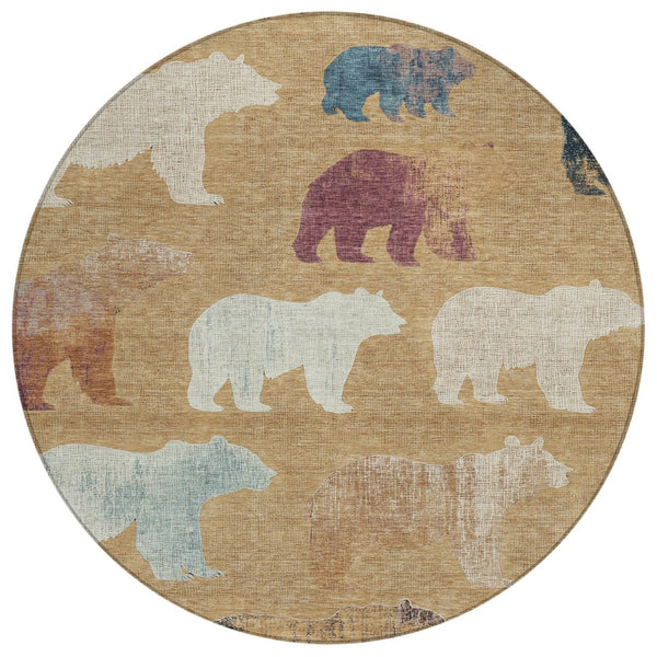 HomeRoots 8' Gold Ivory and Blue Round Bear Rug - Stylish, Washable, Indoor/Outdoor Area Rug for Family Spaces 660351
