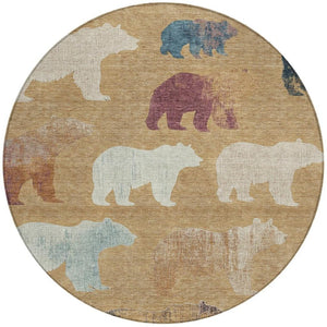 HomeRoots 8' Gold Ivory and Blue Round Bear Rug - Stylish, Washable, Indoor/Outdoor Area Rug for Family Spaces 660351