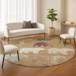 HomeRoots 8' Gold Ivory and Blue Round Bear Rug - Stylish, Washable, Indoor/Outdoor Area Rug for Family Spaces 660351