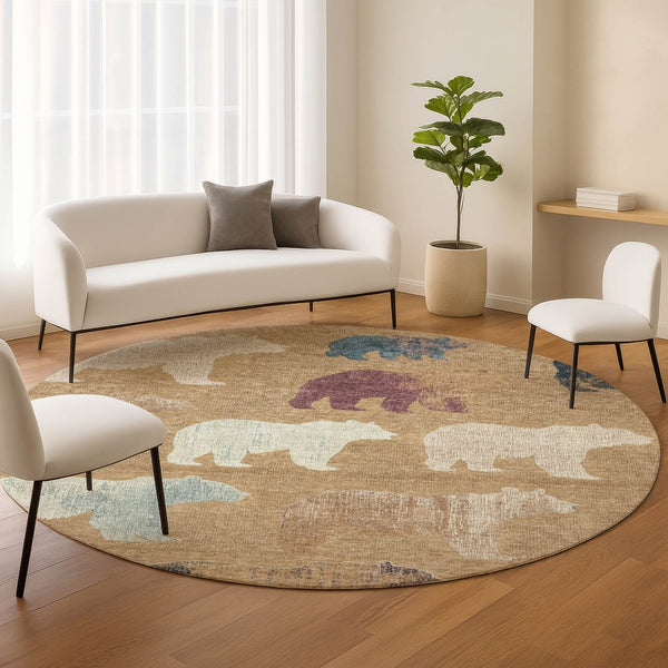 HomeRoots 8' Gold Ivory and Blue Round Bear Rug - Stylish, Washable, Indoor/Outdoor Area Rug for Family Spaces 660351