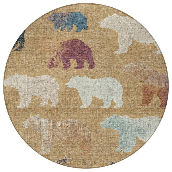 HomeRoots 8' Gold Ivory and Blue Round Bear Rug - Stylish, Washable, Indoor/Outdoor Area Rug for Family Spaces 660351