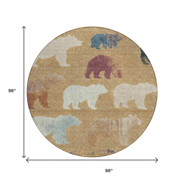 HomeRoots 8' Gold Ivory and Blue Round Bear Rug - Stylish, Washable, Indoor/Outdoor Area Rug for Family Spaces 660351