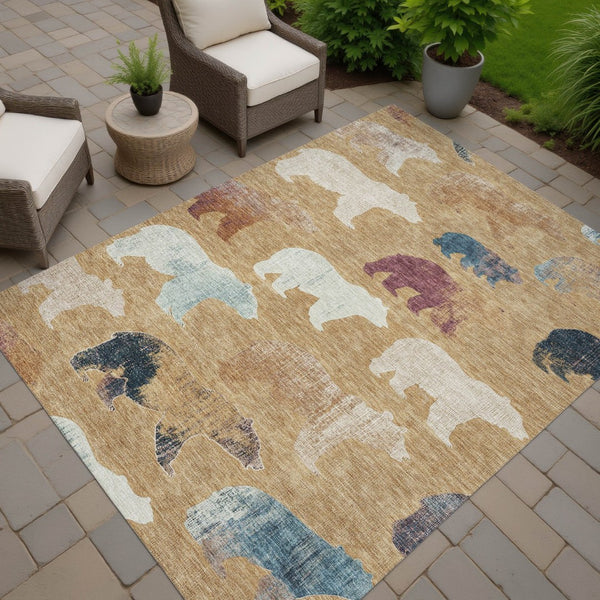 HomeRoots 8' x 10' Durable Gold, Ivory & Blue Bear Indoor/Outdoor Area Rug - Washable, Stylish & Versatile! 660352