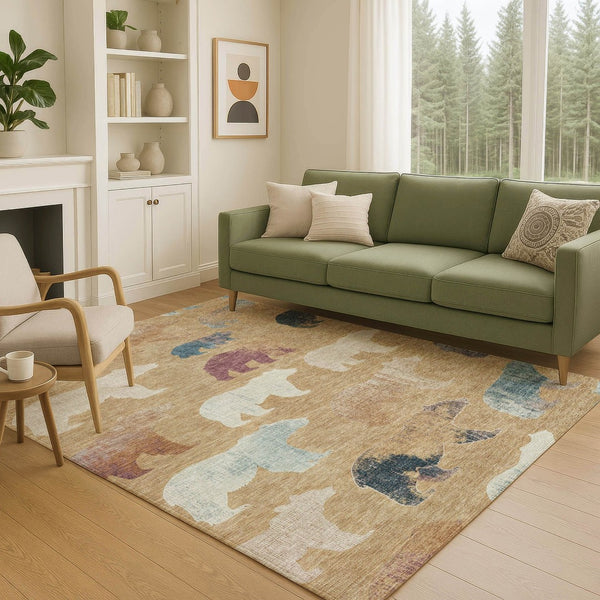 HomeRoots 8' x 10' Durable Gold, Ivory & Blue Bear Indoor/Outdoor Area Rug - Washable, Stylish & Versatile! 660352