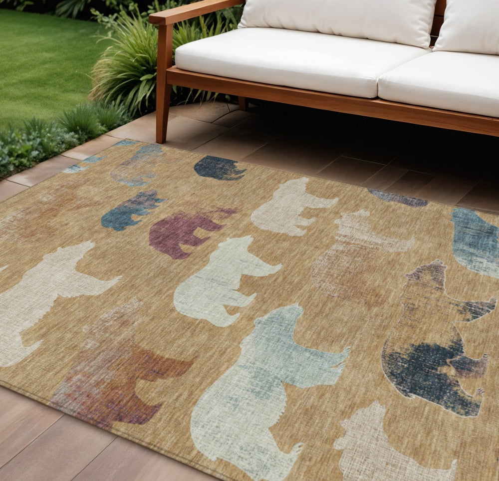 HomeRoots 9' X 12' Charming Gold, Ivory & Blue Bear Washable Area Rug for Indoor/Outdoor Style & Durability 660353